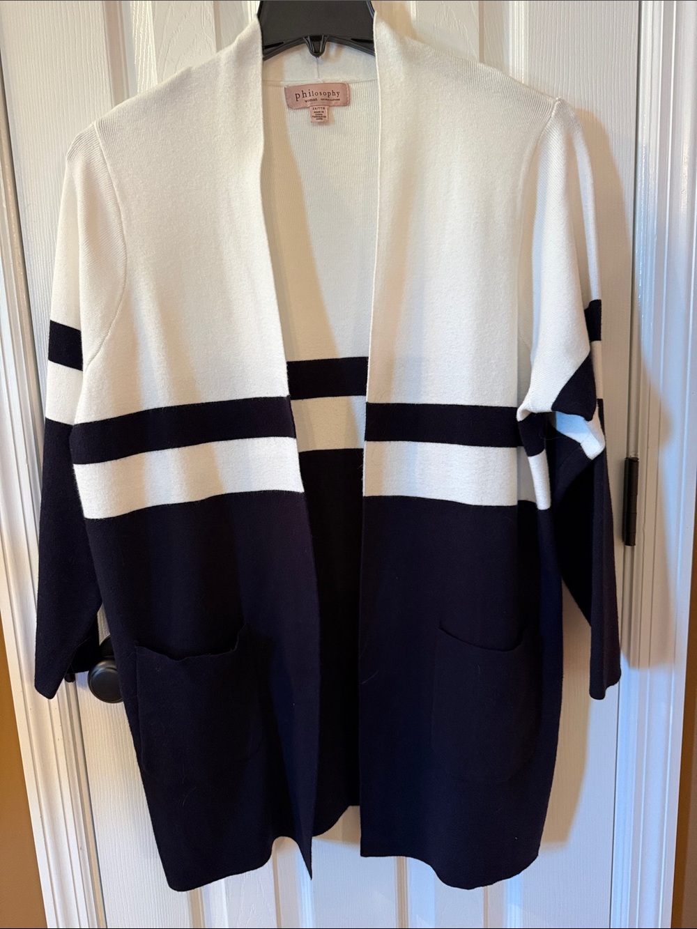 Philosophy Navy and White Striped Open-Front Cardigan